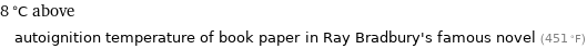 8 °C above autoignition temperature of book paper in Ray Bradbury's famous novel (451 °F)