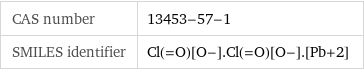 CAS number | 13453-57-1 SMILES identifier | Cl(=O)[O-].Cl(=O)[O-].[Pb+2]