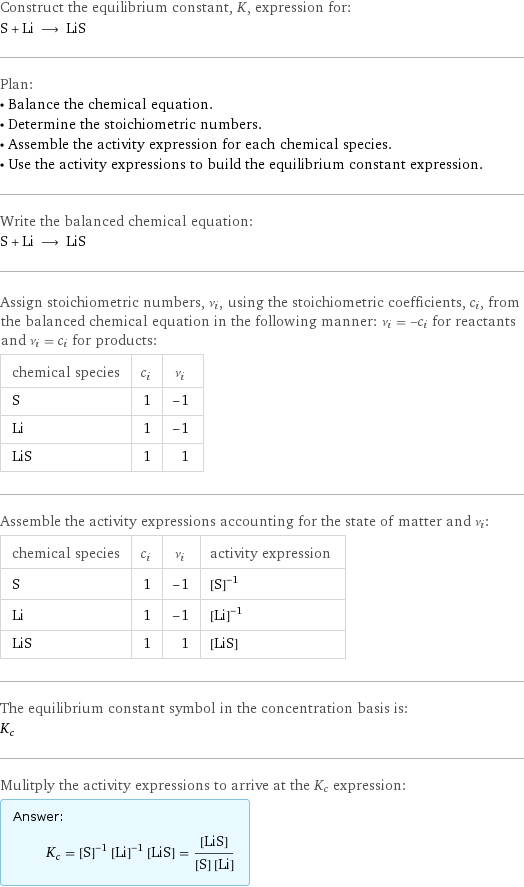 Construct the equilibrium constant, K, expression for: S + Li ⟶ LiS Plan: • Balance the chemical equation. • Determine the stoichiometric numbers. • Assemble the activity expression for each chemical species. • Use the activity expressions to build the equilibrium constant expression. Write the balanced chemical equation: S + Li ⟶ LiS Assign stoichiometric numbers, ν_i, using the stoichiometric coefficients, c_i, from the balanced chemical equation in the following manner: ν_i = -c_i for reactants and ν_i = c_i for products: chemical species | c_i | ν_i S | 1 | -1 Li | 1 | -1 LiS | 1 | 1 Assemble the activity expressions accounting for the state of matter and ν_i: chemical species | c_i | ν_i | activity expression S | 1 | -1 | ([S])^(-1) Li | 1 | -1 | ([Li])^(-1) LiS | 1 | 1 | [LiS] The equilibrium constant symbol in the concentration basis is: K_c Mulitply the activity expressions to arrive at the K_c expression: Answer: |   | K_c = ([S])^(-1) ([Li])^(-1) [LiS] = ([LiS])/([S] [Li])