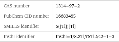 CAS number | 1314-97-2 PubChem CID number | 16683485 SMILES identifier | S([Tl])[Tl] InChI identifier | InChI=1/S.2Tl/rSTl2/c2-1-3