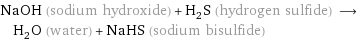 NaOH (sodium hydroxide) + H_2S (hydrogen sulfide) ⟶ H_2O (water) + NaHS (sodium bisulfide)