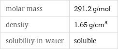 molar mass | 291.2 g/mol density | 1.65 g/cm^3 solubility in water | soluble