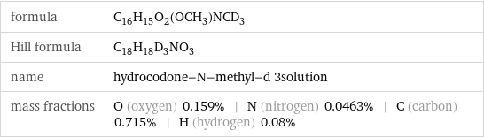 formula | C_16H_15O_2(OCH_3)NCD_3 Hill formula | C_18H_18D_3NO_3 name | hydrocodone-N-methyl-d 3solution mass fractions | O (oxygen) 0.159% | N (nitrogen) 0.0463% | C (carbon) 0.715% | H (hydrogen) 0.08%