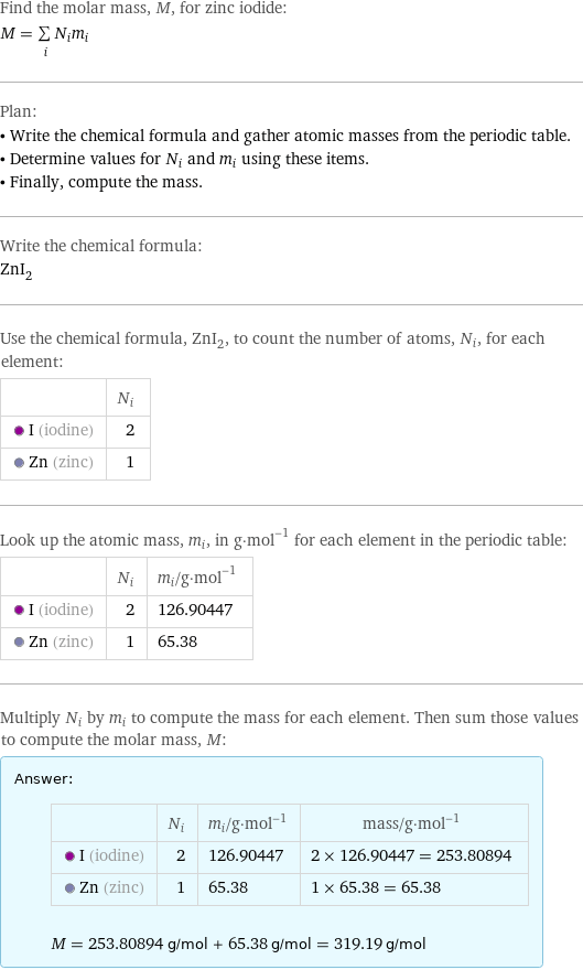 Find the molar mass, M, for zinc iodide: M = sum _iN_im_i Plan: • Write the chemical formula and gather atomic masses from the periodic table. • Determine values for N_i and m_i using these items. • Finally, compute the mass. Write the chemical formula: ZnI_2 Use the chemical formula, ZnI_2, to count the number of atoms, N_i, for each element:  | N_i  I (iodine) | 2  Zn (zinc) | 1 Look up the atomic mass, m_i, in g·mol^(-1) for each element in the periodic table:  | N_i | m_i/g·mol^(-1)  I (iodine) | 2 | 126.90447  Zn (zinc) | 1 | 65.38 Multiply N_i by m_i to compute the mass for each element. Then sum those values to compute the molar mass, M: Answer: |   | | N_i | m_i/g·mol^(-1) | mass/g·mol^(-1)  I (iodine) | 2 | 126.90447 | 2 × 126.90447 = 253.80894  Zn (zinc) | 1 | 65.38 | 1 × 65.38 = 65.38  M = 253.80894 g/mol + 65.38 g/mol = 319.19 g/mol