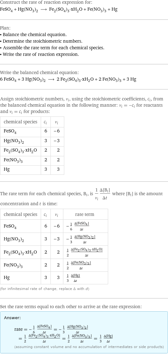 Construct the rate of reaction expression for: FeSO_4 + Hg(NO_3)_2 ⟶ Fe_2(SO_4)_3·xH_2O + Fe(NO_3)_3 + Hg Plan: • Balance the chemical equation. • Determine the stoichiometric numbers. • Assemble the rate term for each chemical species. • Write the rate of reaction expression. Write the balanced chemical equation: 6 FeSO_4 + 3 Hg(NO_3)_2 ⟶ 2 Fe_2(SO_4)_3·xH_2O + 2 Fe(NO_3)_3 + 3 Hg Assign stoichiometric numbers, ν_i, using the stoichiometric coefficients, c_i, from the balanced chemical equation in the following manner: ν_i = -c_i for reactants and ν_i = c_i for products: chemical species | c_i | ν_i FeSO_4 | 6 | -6 Hg(NO_3)_2 | 3 | -3 Fe_2(SO_4)_3·xH_2O | 2 | 2 Fe(NO_3)_3 | 2 | 2 Hg | 3 | 3 The rate term for each chemical species, B_i, is 1/ν_i(Δ[B_i])/(Δt) where [B_i] is the amount concentration and t is time: chemical species | c_i | ν_i | rate term FeSO_4 | 6 | -6 | -1/6 (Δ[FeSO4])/(Δt) Hg(NO_3)_2 | 3 | -3 | -1/3 (Δ[Hg(NO3)2])/(Δt) Fe_2(SO_4)_3·xH_2O | 2 | 2 | 1/2 (Δ[Fe2(SO4)3·xH2O])/(Δt) Fe(NO_3)_3 | 2 | 2 | 1/2 (Δ[Fe(NO3)3])/(Δt) Hg | 3 | 3 | 1/3 (Δ[Hg])/(Δt) (for infinitesimal rate of change, replace Δ with d) Set the rate terms equal to each other to arrive at the rate expression: Answer: |   | rate = -1/6 (Δ[FeSO4])/(Δt) = -1/3 (Δ[Hg(NO3)2])/(Δt) = 1/2 (Δ[Fe2(SO4)3·xH2O])/(Δt) = 1/2 (Δ[Fe(NO3)3])/(Δt) = 1/3 (Δ[Hg])/(Δt) (assuming constant volume and no accumulation of intermediates or side products)