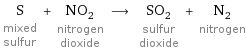 S mixed sulfur + NO_2 nitrogen dioxide ⟶ SO_2 sulfur dioxide + N_2 nitrogen