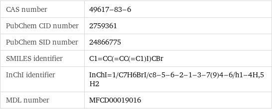 CAS number | 49617-83-6 PubChem CID number | 2759361 PubChem SID number | 24866775 SMILES identifier | C1=CC(=CC(=C1)I)CBr InChI identifier | InChI=1/C7H6BrI/c8-5-6-2-1-3-7(9)4-6/h1-4H, 5H2 MDL number | MFCD00019016