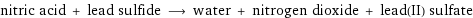 nitric acid + lead sulfide ⟶ water + nitrogen dioxide + lead(II) sulfate