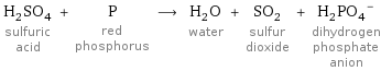 H_2SO_4 sulfuric acid + P red phosphorus ⟶ H_2O water + SO_2 sulfur dioxide + (H_2PO_4)^- dihydrogen phosphate anion