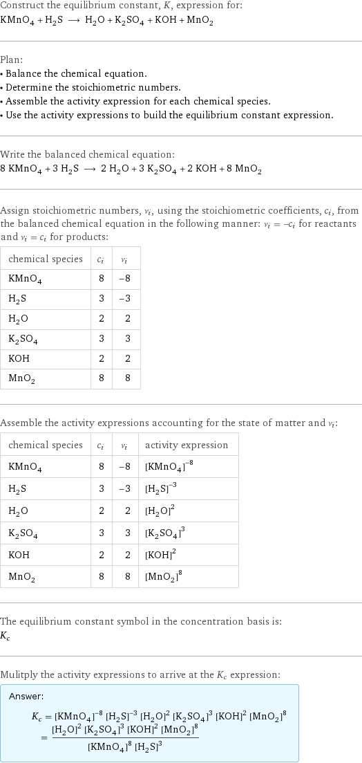 Construct the equilibrium constant, K, expression for: KMnO_4 + H_2S ⟶ H_2O + K_2SO_4 + KOH + MnO_2 Plan: • Balance the chemical equation. • Determine the stoichiometric numbers. • Assemble the activity expression for each chemical species. • Use the activity expressions to build the equilibrium constant expression. Write the balanced chemical equation: 8 KMnO_4 + 3 H_2S ⟶ 2 H_2O + 3 K_2SO_4 + 2 KOH + 8 MnO_2 Assign stoichiometric numbers, ν_i, using the stoichiometric coefficients, c_i, from the balanced chemical equation in the following manner: ν_i = -c_i for reactants and ν_i = c_i for products: chemical species | c_i | ν_i KMnO_4 | 8 | -8 H_2S | 3 | -3 H_2O | 2 | 2 K_2SO_4 | 3 | 3 KOH | 2 | 2 MnO_2 | 8 | 8 Assemble the activity expressions accounting for the state of matter and ν_i: chemical species | c_i | ν_i | activity expression KMnO_4 | 8 | -8 | ([KMnO4])^(-8) H_2S | 3 | -3 | ([H2S])^(-3) H_2O | 2 | 2 | ([H2O])^2 K_2SO_4 | 3 | 3 | ([K2SO4])^3 KOH | 2 | 2 | ([KOH])^2 MnO_2 | 8 | 8 | ([MnO2])^8 The equilibrium constant symbol in the concentration basis is: K_c Mulitply the activity expressions to arrive at the K_c expression: Answer: |   | K_c = ([KMnO4])^(-8) ([H2S])^(-3) ([H2O])^2 ([K2SO4])^3 ([KOH])^2 ([MnO2])^8 = (([H2O])^2 ([K2SO4])^3 ([KOH])^2 ([MnO2])^8)/(([KMnO4])^8 ([H2S])^3)