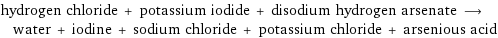 hydrogen chloride + potassium iodide + disodium hydrogen arsenate ⟶ water + iodine + sodium chloride + potassium chloride + arsenious acid