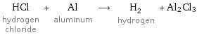 HCl hydrogen chloride + Al aluminum ⟶ H_2 hydrogen + Al2Cl3