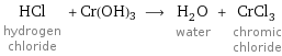 HCl hydrogen chloride + Cr(OH)3 ⟶ H_2O water + CrCl_3 chromic chloride