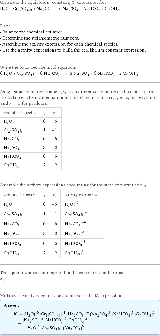 Construct the equilibrium constant, K, expression for: H_2O + Cr_2(SO_4)_3 + Na_2CO_3 ⟶ Na_2SO_4 + NaHCO_3 + Cr(OH)3 Plan: • Balance the chemical equation. • Determine the stoichiometric numbers. • Assemble the activity expression for each chemical species. • Use the activity expressions to build the equilibrium constant expression. Write the balanced chemical equation: 6 H_2O + Cr_2(SO_4)_3 + 6 Na_2CO_3 ⟶ 3 Na_2SO_4 + 6 NaHCO_3 + 2 Cr(OH)3 Assign stoichiometric numbers, ν_i, using the stoichiometric coefficients, c_i, from the balanced chemical equation in the following manner: ν_i = -c_i for reactants and ν_i = c_i for products: chemical species | c_i | ν_i H_2O | 6 | -6 Cr_2(SO_4)_3 | 1 | -1 Na_2CO_3 | 6 | -6 Na_2SO_4 | 3 | 3 NaHCO_3 | 6 | 6 Cr(OH)3 | 2 | 2 Assemble the activity expressions accounting for the state of matter and ν_i: chemical species | c_i | ν_i | activity expression H_2O | 6 | -6 | ([H2O])^(-6) Cr_2(SO_4)_3 | 1 | -1 | ([Cr2(SO4)3])^(-1) Na_2CO_3 | 6 | -6 | ([Na2CO3])^(-6) Na_2SO_4 | 3 | 3 | ([Na2SO4])^3 NaHCO_3 | 6 | 6 | ([NaHCO3])^6 Cr(OH)3 | 2 | 2 | ([Cr(OH)3])^2 The equilibrium constant symbol in the concentration basis is: K_c Mulitply the activity expressions to arrive at the K_c expression: Answer: |   | K_c = ([H2O])^(-6) ([Cr2(SO4)3])^(-1) ([Na2CO3])^(-6) ([Na2SO4])^3 ([NaHCO3])^6 ([Cr(OH)3])^2 = (([Na2SO4])^3 ([NaHCO3])^6 ([Cr(OH)3])^2)/(([H2O])^6 [Cr2(SO4)3] ([Na2CO3])^6)