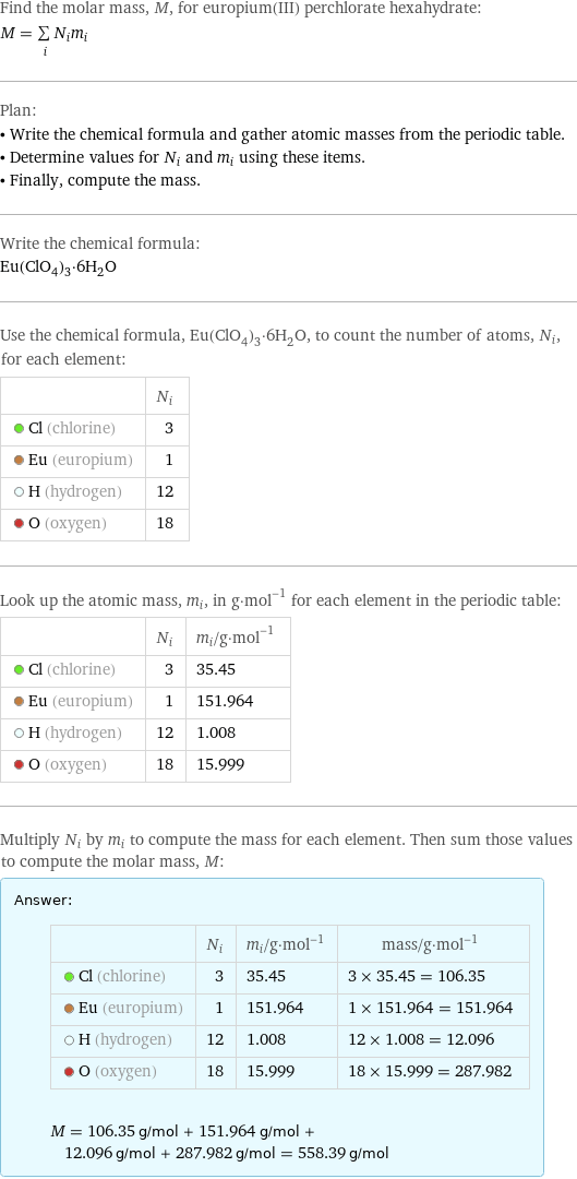 Find the molar mass, M, for europium(III) perchlorate hexahydrate: M = sum _iN_im_i Plan: • Write the chemical formula and gather atomic masses from the periodic table. • Determine values for N_i and m_i using these items. • Finally, compute the mass. Write the chemical formula: Eu(ClO_4)_3·6H_2O Use the chemical formula, Eu(ClO_4)_3·6H_2O, to count the number of atoms, N_i, for each element:  | N_i  Cl (chlorine) | 3  Eu (europium) | 1  H (hydrogen) | 12  O (oxygen) | 18 Look up the atomic mass, m_i, in g·mol^(-1) for each element in the periodic table:  | N_i | m_i/g·mol^(-1)  Cl (chlorine) | 3 | 35.45  Eu (europium) | 1 | 151.964  H (hydrogen) | 12 | 1.008  O (oxygen) | 18 | 15.999 Multiply N_i by m_i to compute the mass for each element. Then sum those values to compute the molar mass, M: Answer: |   | | N_i | m_i/g·mol^(-1) | mass/g·mol^(-1)  Cl (chlorine) | 3 | 35.45 | 3 × 35.45 = 106.35  Eu (europium) | 1 | 151.964 | 1 × 151.964 = 151.964  H (hydrogen) | 12 | 1.008 | 12 × 1.008 = 12.096  O (oxygen) | 18 | 15.999 | 18 × 15.999 = 287.982  M = 106.35 g/mol + 151.964 g/mol + 12.096 g/mol + 287.982 g/mol = 558.39 g/mol