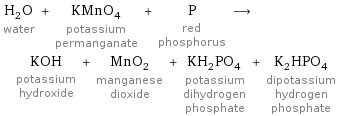 H_2O water + KMnO_4 potassium permanganate + P red phosphorus ⟶ KOH potassium hydroxide + MnO_2 manganese dioxide + KH_2PO_4 potassium dihydrogen phosphate + K_2HPO_4 dipotassium hydrogen phosphate