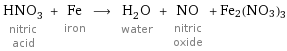 HNO_3 nitric acid + Fe iron ⟶ H_2O water + NO nitric oxide + Fe2(NO3)3