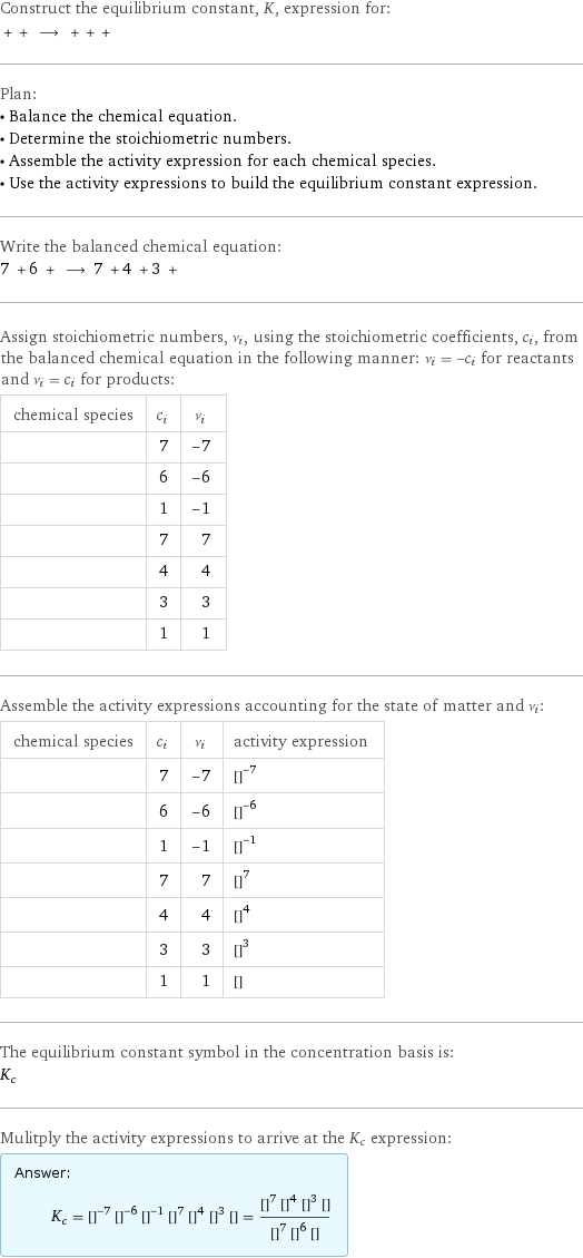 Construct the equilibrium constant, K, expression for:  + + ⟶ + + +  Plan: • Balance the chemical equation. • Determine the stoichiometric numbers. • Assemble the activity expression for each chemical species. • Use the activity expressions to build the equilibrium constant expression. Write the balanced chemical equation: 7 + 6 + ⟶ 7 + 4 + 3 +  Assign stoichiometric numbers, ν_i, using the stoichiometric coefficients, c_i, from the balanced chemical equation in the following manner: ν_i = -c_i for reactants and ν_i = c_i for products: chemical species | c_i | ν_i  | 7 | -7  | 6 | -6  | 1 | -1  | 7 | 7  | 4 | 4  | 3 | 3  | 1 | 1 Assemble the activity expressions accounting for the state of matter and ν_i: chemical species | c_i | ν_i | activity expression  | 7 | -7 | ([H2SO4])^(-7)  | 6 | -6 | ([NaBr])^(-6)  | 1 | -1 | ([Na2Cr2O7])^(-1)  | 7 | 7 | ([H2O])^7  | 4 | 4 | ([Na2SO4])^4  | 3 | 3 | ([Br2])^3  | 1 | 1 | [Cr2(SO4)3] The equilibrium constant symbol in the concentration basis is: K_c Mulitply the activity expressions to arrive at the K_c expression: Answer: |   | K_c = ([H2SO4])^(-7) ([NaBr])^(-6) ([Na2Cr2O7])^(-1) ([H2O])^7 ([Na2SO4])^4 ([Br2])^3 [Cr2(SO4)3] = (([H2O])^7 ([Na2SO4])^4 ([Br2])^3 [Cr2(SO4)3])/(([H2SO4])^7 ([NaBr])^6 [Na2Cr2O7])