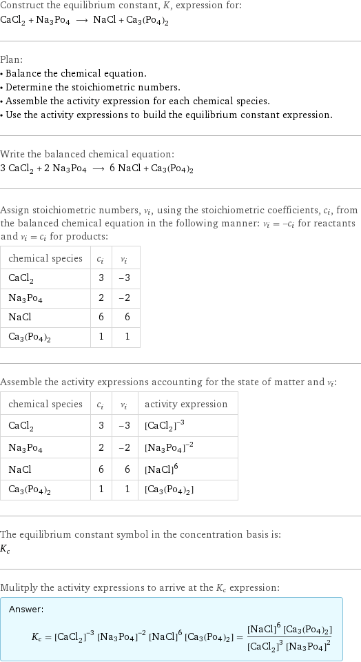 Construct the equilibrium constant, K, expression for: CaCl_2 + Na3Po4 ⟶ NaCl + Ca3(Po4)2 Plan: • Balance the chemical equation. • Determine the stoichiometric numbers. • Assemble the activity expression for each chemical species. • Use the activity expressions to build the equilibrium constant expression. Write the balanced chemical equation: 3 CaCl_2 + 2 Na3Po4 ⟶ 6 NaCl + Ca3(Po4)2 Assign stoichiometric numbers, ν_i, using the stoichiometric coefficients, c_i, from the balanced chemical equation in the following manner: ν_i = -c_i for reactants and ν_i = c_i for products: chemical species | c_i | ν_i CaCl_2 | 3 | -3 Na3Po4 | 2 | -2 NaCl | 6 | 6 Ca3(Po4)2 | 1 | 1 Assemble the activity expressions accounting for the state of matter and ν_i: chemical species | c_i | ν_i | activity expression CaCl_2 | 3 | -3 | ([CaCl2])^(-3) Na3Po4 | 2 | -2 | ([Na3Po4])^(-2) NaCl | 6 | 6 | ([NaCl])^6 Ca3(Po4)2 | 1 | 1 | [Ca3(Po4)2] The equilibrium constant symbol in the concentration basis is: K_c Mulitply the activity expressions to arrive at the K_c expression: Answer: |   | K_c = ([CaCl2])^(-3) ([Na3Po4])^(-2) ([NaCl])^6 [Ca3(Po4)2] = (([NaCl])^6 [Ca3(Po4)2])/(([CaCl2])^3 ([Na3Po4])^2)