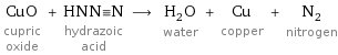 CuO cupric oxide + HNN congruent N hydrazoic acid ⟶ H_2O water + Cu copper + N_2 nitrogen