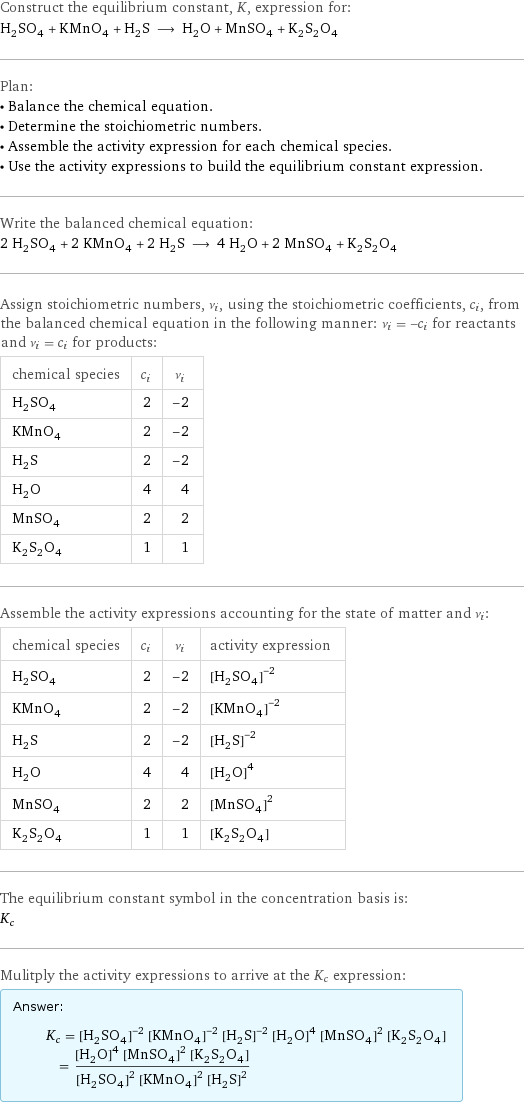 Construct the equilibrium constant, K, expression for: H_2SO_4 + KMnO_4 + H_2S ⟶ H_2O + MnSO_4 + K_2S_2O_4 Plan: • Balance the chemical equation. • Determine the stoichiometric numbers. • Assemble the activity expression for each chemical species. • Use the activity expressions to build the equilibrium constant expression. Write the balanced chemical equation: 2 H_2SO_4 + 2 KMnO_4 + 2 H_2S ⟶ 4 H_2O + 2 MnSO_4 + K_2S_2O_4 Assign stoichiometric numbers, ν_i, using the stoichiometric coefficients, c_i, from the balanced chemical equation in the following manner: ν_i = -c_i for reactants and ν_i = c_i for products: chemical species | c_i | ν_i H_2SO_4 | 2 | -2 KMnO_4 | 2 | -2 H_2S | 2 | -2 H_2O | 4 | 4 MnSO_4 | 2 | 2 K_2S_2O_4 | 1 | 1 Assemble the activity expressions accounting for the state of matter and ν_i: chemical species | c_i | ν_i | activity expression H_2SO_4 | 2 | -2 | ([H2SO4])^(-2) KMnO_4 | 2 | -2 | ([KMnO4])^(-2) H_2S | 2 | -2 | ([H2S])^(-2) H_2O | 4 | 4 | ([H2O])^4 MnSO_4 | 2 | 2 | ([MnSO4])^2 K_2S_2O_4 | 1 | 1 | [K2S2O4] The equilibrium constant symbol in the concentration basis is: K_c Mulitply the activity expressions to arrive at the K_c expression: Answer: |   | K_c = ([H2SO4])^(-2) ([KMnO4])^(-2) ([H2S])^(-2) ([H2O])^4 ([MnSO4])^2 [K2S2O4] = (([H2O])^4 ([MnSO4])^2 [K2S2O4])/(([H2SO4])^2 ([KMnO4])^2 ([H2S])^2)