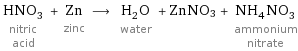 HNO_3 nitric acid + Zn zinc ⟶ H_2O water + ZnNO3 + NH_4NO_3 ammonium nitrate