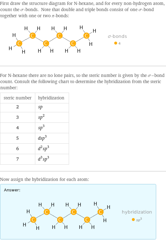 First draw the structure diagram for N-hexane, and for every non-hydrogen atom, count the σ-bonds. Note that double and triple bonds consist of one σ-bond together with one or two π-bonds:  For N-hexane there are no lone pairs, so the steric number is given by the σ-bond count. Consult the following chart to determine the hybridization from the steric number: steric number | hybridization 2 | sp 3 | sp^2 4 | sp^3 5 | dsp^3 6 | d^2sp^3 7 | d^3sp^3 Now assign the hybridization for each atom: Answer: |   | 