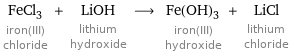 FeCl_3 iron(III) chloride + LiOH lithium hydroxide ⟶ Fe(OH)_3 iron(III) hydroxide + LiCl lithium chloride