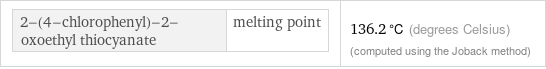 2-(4-chlorophenyl)-2-oxoethyl thiocyanate | melting point | 136.2 °C (degrees Celsius) (computed using the Joback method)