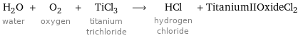 H_2O water + O_2 oxygen + TiCl_3 titanium trichloride ⟶ HCl hydrogen chloride + TitaniumIIOxideCl2