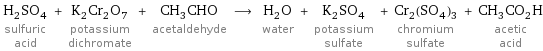 H_2SO_4 sulfuric acid + K_2Cr_2O_7 potassium dichromate + CH_3CHO acetaldehyde ⟶ H_2O water + K_2SO_4 potassium sulfate + Cr_2(SO_4)_3 chromium sulfate + CH_3CO_2H acetic acid