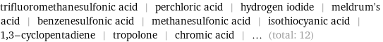 trifluoromethanesulfonic acid | perchloric acid | hydrogen iodide | meldrum's acid | benzenesulfonic acid | methanesulfonic acid | isothiocyanic acid | 1, 3-cyclopentadiene | tropolone | chromic acid | ... (total: 12)