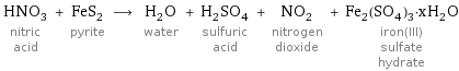 HNO_3 nitric acid + FeS_2 pyrite ⟶ H_2O water + H_2SO_4 sulfuric acid + NO_2 nitrogen dioxide + Fe_2(SO_4)_3·xH_2O iron(III) sulfate hydrate