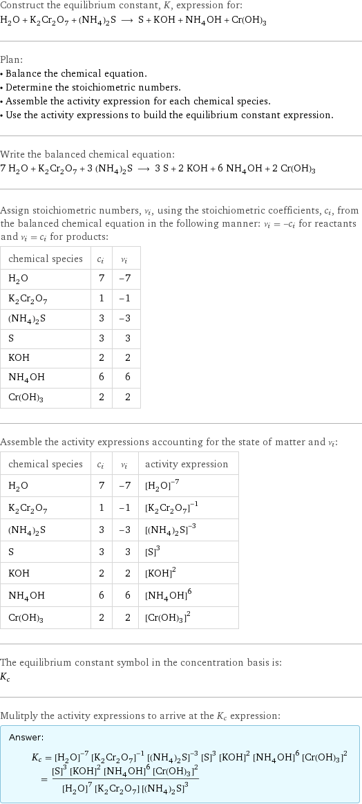 Construct the equilibrium constant, K, expression for: H_2O + K_2Cr_2O_7 + (NH_4)_2S ⟶ S + KOH + NH_4OH + Cr(OH)3 Plan: • Balance the chemical equation. • Determine the stoichiometric numbers. • Assemble the activity expression for each chemical species. • Use the activity expressions to build the equilibrium constant expression. Write the balanced chemical equation: 7 H_2O + K_2Cr_2O_7 + 3 (NH_4)_2S ⟶ 3 S + 2 KOH + 6 NH_4OH + 2 Cr(OH)3 Assign stoichiometric numbers, ν_i, using the stoichiometric coefficients, c_i, from the balanced chemical equation in the following manner: ν_i = -c_i for reactants and ν_i = c_i for products: chemical species | c_i | ν_i H_2O | 7 | -7 K_2Cr_2O_7 | 1 | -1 (NH_4)_2S | 3 | -3 S | 3 | 3 KOH | 2 | 2 NH_4OH | 6 | 6 Cr(OH)3 | 2 | 2 Assemble the activity expressions accounting for the state of matter and ν_i: chemical species | c_i | ν_i | activity expression H_2O | 7 | -7 | ([H2O])^(-7) K_2Cr_2O_7 | 1 | -1 | ([K2Cr2O7])^(-1) (NH_4)_2S | 3 | -3 | ([(NH4)2S])^(-3) S | 3 | 3 | ([S])^3 KOH | 2 | 2 | ([KOH])^2 NH_4OH | 6 | 6 | ([NH4OH])^6 Cr(OH)3 | 2 | 2 | ([Cr(OH)3])^2 The equilibrium constant symbol in the concentration basis is: K_c Mulitply the activity expressions to arrive at the K_c expression: Answer: |   | K_c = ([H2O])^(-7) ([K2Cr2O7])^(-1) ([(NH4)2S])^(-3) ([S])^3 ([KOH])^2 ([NH4OH])^6 ([Cr(OH)3])^2 = (([S])^3 ([KOH])^2 ([NH4OH])^6 ([Cr(OH)3])^2)/(([H2O])^7 [K2Cr2O7] ([(NH4)2S])^3)