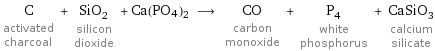 C activated charcoal + SiO_2 silicon dioxide + Ca(PO4)2 ⟶ CO carbon monoxide + P_4 white phosphorus + CaSiO_3 calcium silicate