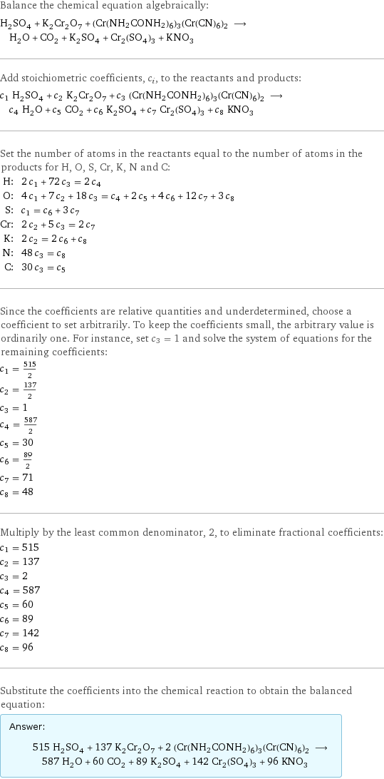 Balance the chemical equation algebraically: H_2SO_4 + K_2Cr_2O_7 + (Cr(NH2CONH2)6)3(Cr(CN)6)2 ⟶ H_2O + CO_2 + K_2SO_4 + Cr_2(SO_4)_3 + KNO_3 Add stoichiometric coefficients, c_i, to the reactants and products: c_1 H_2SO_4 + c_2 K_2Cr_2O_7 + c_3 (Cr(NH2CONH2)6)3(Cr(CN)6)2 ⟶ c_4 H_2O + c_5 CO_2 + c_6 K_2SO_4 + c_7 Cr_2(SO_4)_3 + c_8 KNO_3 Set the number of atoms in the reactants equal to the number of atoms in the products for H, O, S, Cr, K, N and C: H: | 2 c_1 + 72 c_3 = 2 c_4 O: | 4 c_1 + 7 c_2 + 18 c_3 = c_4 + 2 c_5 + 4 c_6 + 12 c_7 + 3 c_8 S: | c_1 = c_6 + 3 c_7 Cr: | 2 c_2 + 5 c_3 = 2 c_7 K: | 2 c_2 = 2 c_6 + c_8 N: | 48 c_3 = c_8 C: | 30 c_3 = c_5 Since the coefficients are relative quantities and underdetermined, choose a coefficient to set arbitrarily. To keep the coefficients small, the arbitrary value is ordinarily one. For instance, set c_3 = 1 and solve the system of equations for the remaining coefficients: c_1 = 515/2 c_2 = 137/2 c_3 = 1 c_4 = 587/2 c_5 = 30 c_6 = 89/2 c_7 = 71 c_8 = 48 Multiply by the least common denominator, 2, to eliminate fractional coefficients: c_1 = 515 c_2 = 137 c_3 = 2 c_4 = 587 c_5 = 60 c_6 = 89 c_7 = 142 c_8 = 96 Substitute the coefficients into the chemical reaction to obtain the balanced equation: Answer: |   | 515 H_2SO_4 + 137 K_2Cr_2O_7 + 2 (Cr(NH2CONH2)6)3(Cr(CN)6)2 ⟶ 587 H_2O + 60 CO_2 + 89 K_2SO_4 + 142 Cr_2(SO_4)_3 + 96 KNO_3