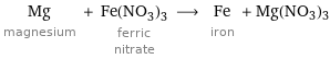 Mg magnesium + Fe(NO_3)_3 ferric nitrate ⟶ Fe iron + Mg(NO3)3