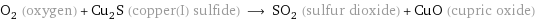 O_2 (oxygen) + Cu_2S (copper(I) sulfide) ⟶ SO_2 (sulfur dioxide) + CuO (cupric oxide)