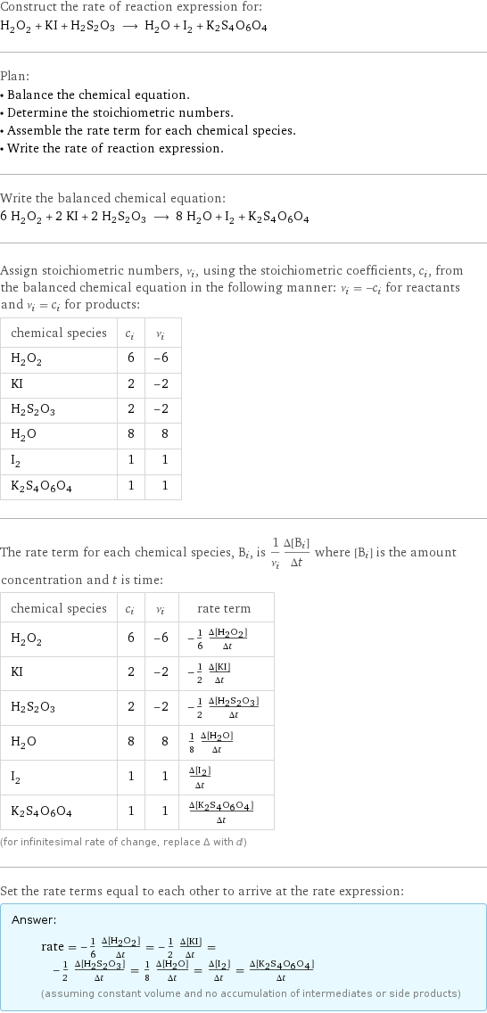 Construct the rate of reaction expression for: H_2O_2 + KI + H2S2O3 ⟶ H_2O + I_2 + K2S4O6O4 Plan: • Balance the chemical equation. • Determine the stoichiometric numbers. • Assemble the rate term for each chemical species. • Write the rate of reaction expression. Write the balanced chemical equation: 6 H_2O_2 + 2 KI + 2 H2S2O3 ⟶ 8 H_2O + I_2 + K2S4O6O4 Assign stoichiometric numbers, ν_i, using the stoichiometric coefficients, c_i, from the balanced chemical equation in the following manner: ν_i = -c_i for reactants and ν_i = c_i for products: chemical species | c_i | ν_i H_2O_2 | 6 | -6 KI | 2 | -2 H2S2O3 | 2 | -2 H_2O | 8 | 8 I_2 | 1 | 1 K2S4O6O4 | 1 | 1 The rate term for each chemical species, B_i, is 1/ν_i(Δ[B_i])/(Δt) where [B_i] is the amount concentration and t is time: chemical species | c_i | ν_i | rate term H_2O_2 | 6 | -6 | -1/6 (Δ[H2O2])/(Δt) KI | 2 | -2 | -1/2 (Δ[KI])/(Δt) H2S2O3 | 2 | -2 | -1/2 (Δ[H2S2O3])/(Δt) H_2O | 8 | 8 | 1/8 (Δ[H2O])/(Δt) I_2 | 1 | 1 | (Δ[I2])/(Δt) K2S4O6O4 | 1 | 1 | (Δ[K2S4O6O4])/(Δt) (for infinitesimal rate of change, replace Δ with d) Set the rate terms equal to each other to arrive at the rate expression: Answer: |   | rate = -1/6 (Δ[H2O2])/(Δt) = -1/2 (Δ[KI])/(Δt) = -1/2 (Δ[H2S2O3])/(Δt) = 1/8 (Δ[H2O])/(Δt) = (Δ[I2])/(Δt) = (Δ[K2S4O6O4])/(Δt) (assuming constant volume and no accumulation of intermediates or side products)