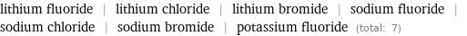 lithium fluoride | lithium chloride | lithium bromide | sodium fluoride | sodium chloride | sodium bromide | potassium fluoride (total: 7)