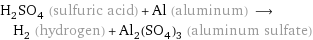 H_2SO_4 (sulfuric acid) + Al (aluminum) ⟶ H_2 (hydrogen) + Al_2(SO_4)_3 (aluminum sulfate)