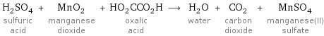 H_2SO_4 sulfuric acid + MnO_2 manganese dioxide + HO_2CCO_2H oxalic acid ⟶ H_2O water + CO_2 carbon dioxide + MnSO_4 manganese(II) sulfate