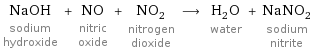 NaOH sodium hydroxide + NO nitric oxide + NO_2 nitrogen dioxide ⟶ H_2O water + NaNO_2 sodium nitrite