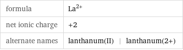 formula | La^(2+) net ionic charge | +2 alternate names | lanthanum(II) | lanthanum(2+)