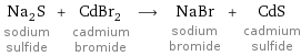 Na_2S sodium sulfide + CdBr_2 cadmium bromide ⟶ NaBr sodium bromide + CdS cadmium sulfide