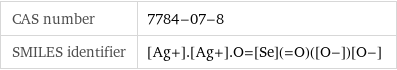 CAS number | 7784-07-8 SMILES identifier | [Ag+].[Ag+].O=[Se](=O)([O-])[O-]