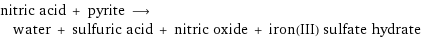 nitric acid + pyrite ⟶ water + sulfuric acid + nitric oxide + iron(III) sulfate hydrate