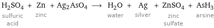 H_2SO_4 sulfuric acid + Zn zinc + Ag2AsO4 ⟶ H_2O water + Ag silver + ZnSO_4 zinc sulfate + AsH_3 arsine