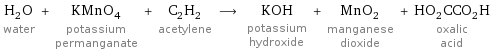 H_2O water + KMnO_4 potassium permanganate + C_2H_2 acetylene ⟶ KOH potassium hydroxide + MnO_2 manganese dioxide + HO_2CCO_2H oxalic acid