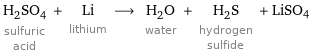 H_2SO_4 sulfuric acid + Li lithium ⟶ H_2O water + H_2S hydrogen sulfide + LiSO4